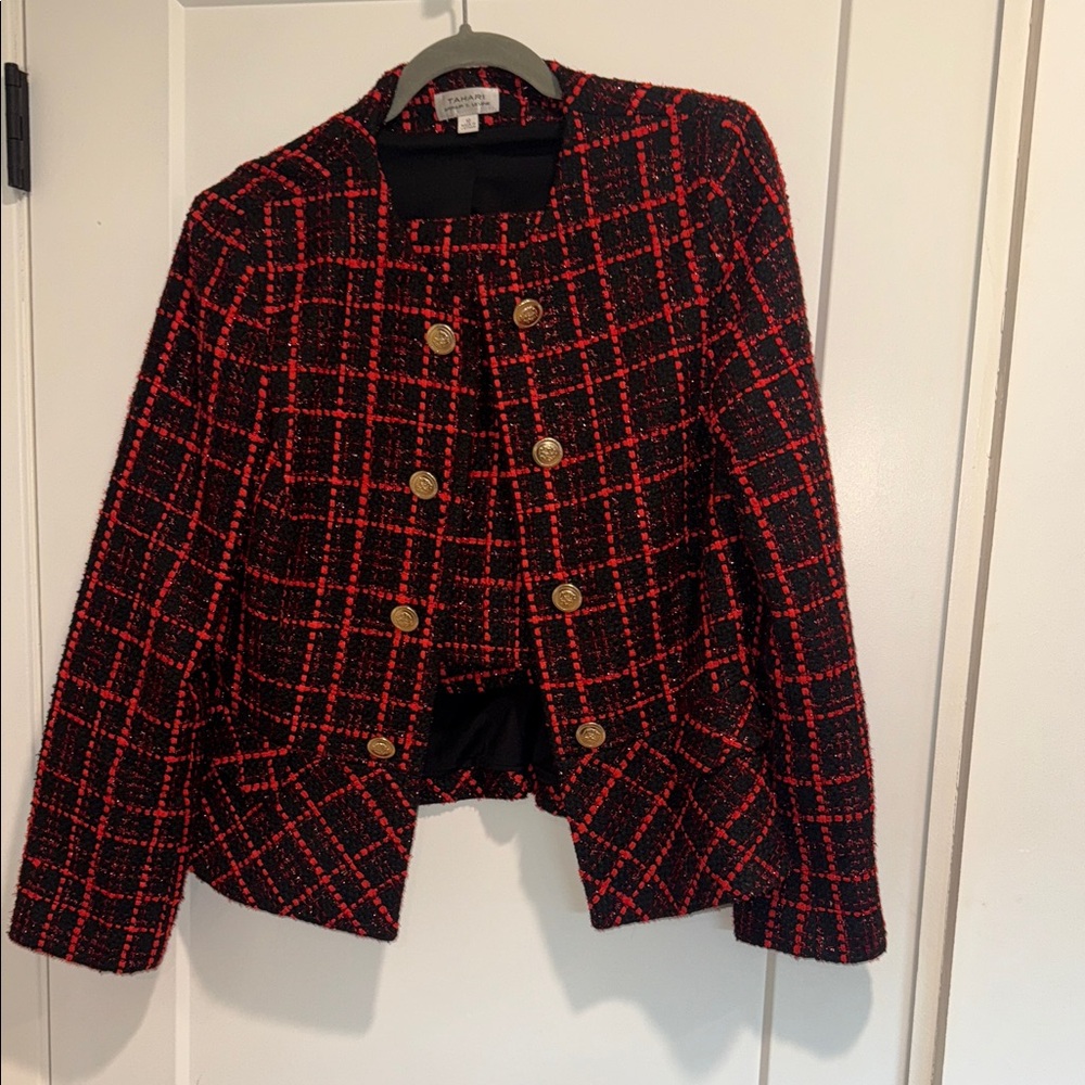 Chic Tahari Red and Black Plaid Blazer and skirt